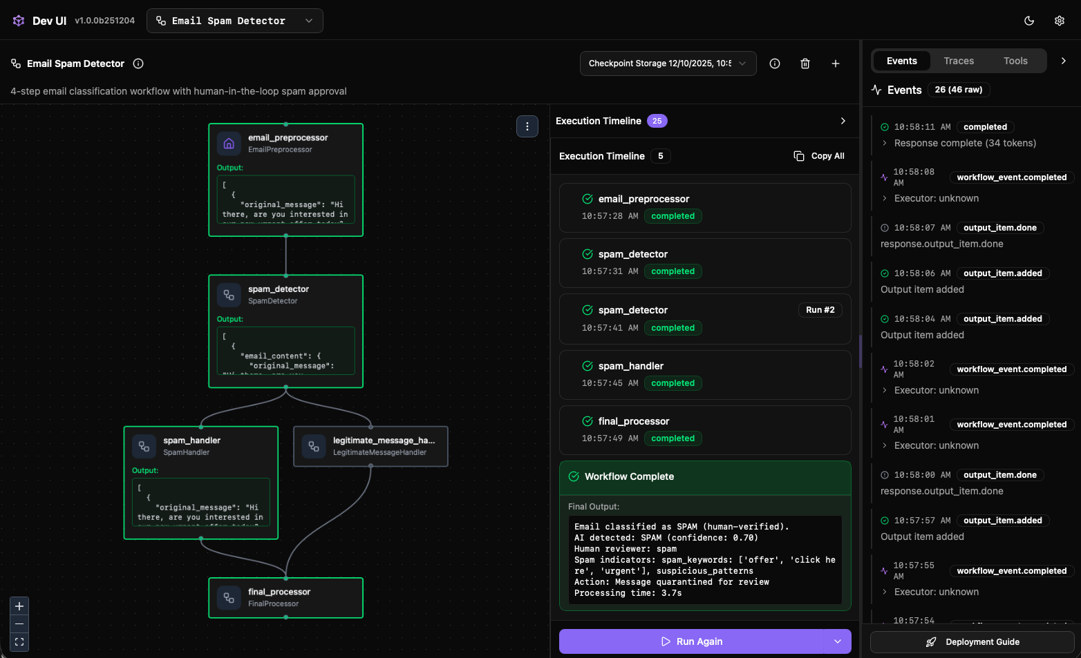 DevUI-Dashboard des Agent-Frameworks mit Agentverzeichnis und Ablaufverfolgung