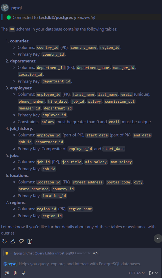 Screenshot der Copilot Chat-Antwort mit einer detaillierten Aufschlüsselung von Tabellen und Spalten im HR-Schema einer PostgreSQL-Datenbank.