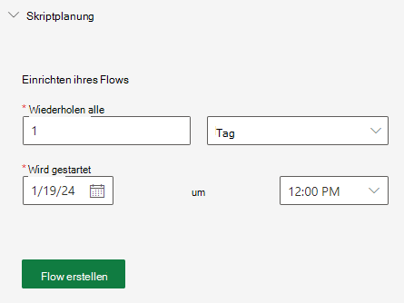 Der Aufgabenbereich des Code-Editors, in dem die Wiederholungsintervalloptionen für die Planung eines Skripts angezeigt werden.