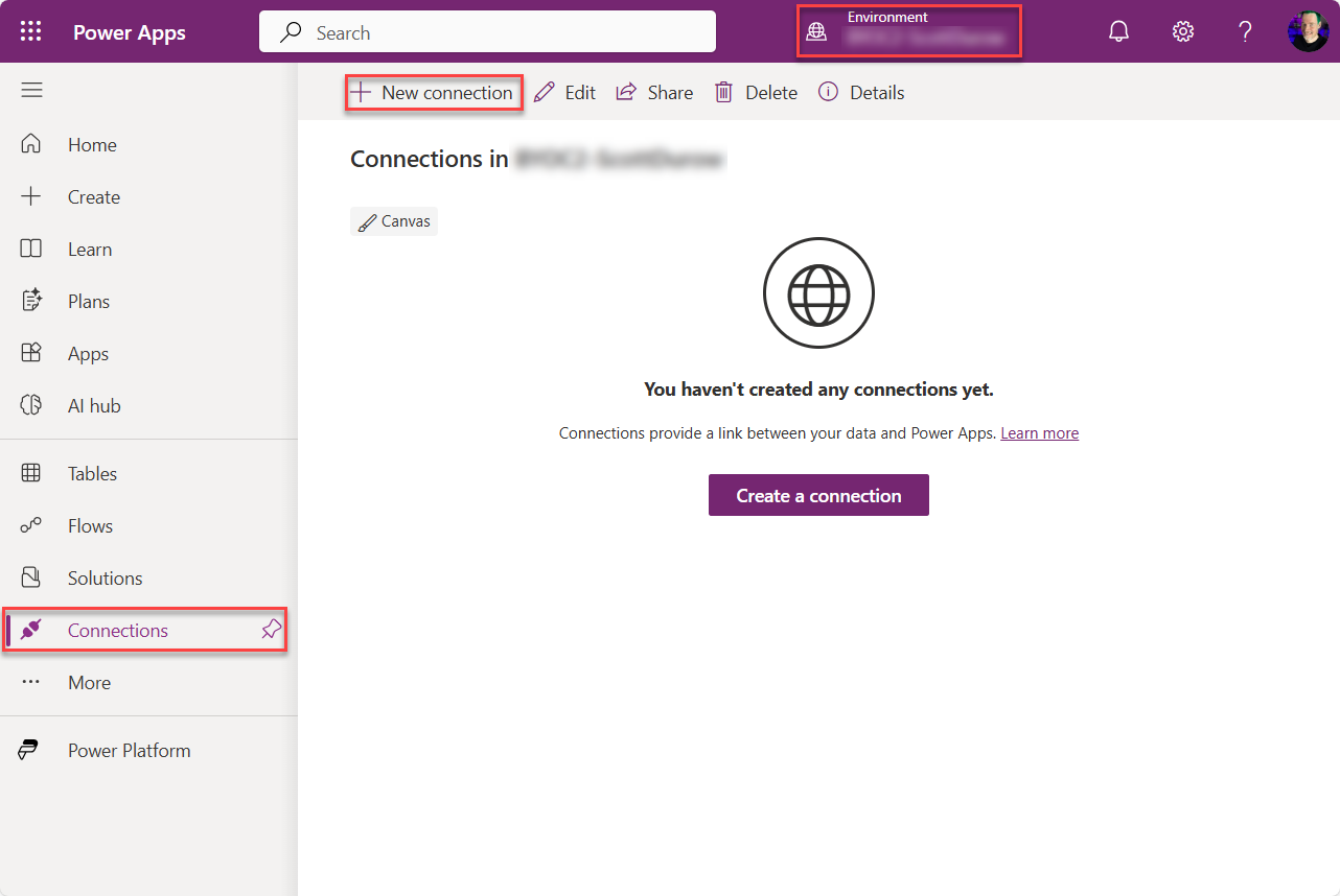 + Neue Verbindung in Power Apps