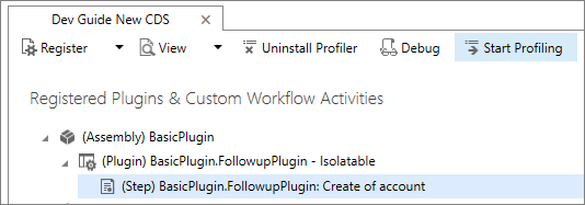 Screenshot eines Plug-In-Schritts, der im Plug-In-Registrierungstool mit dem Befehl „Profiling starten“ verfügbar ist.