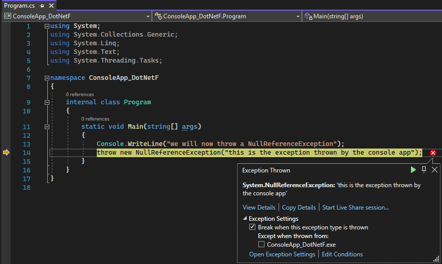 Screenshot des ThrowsNullException-Projekts in Visual Studio mit Hervorhebung der Quellcodezeile, die die Ausnahme ausgelöst hat.