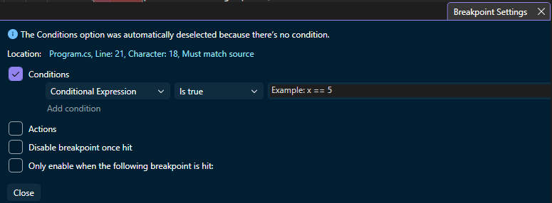 Screenshot, der zeigt, wie in Visual Studio ein bedingter Haltepunkt festgelegt wird.
