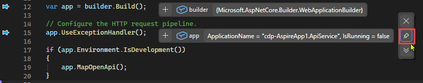 Screenshot, der zeigt, wie ein Datentipp in Visual Studio angeheftet wird.