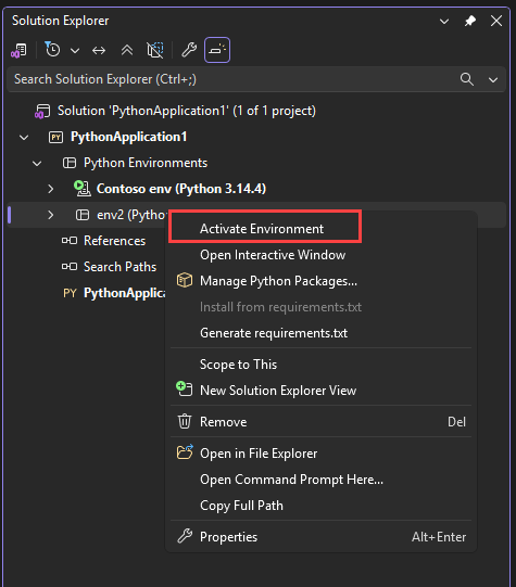 Screenshot, der zeigt, wie eine Projektumgebung in Visual Studio aktiviert wird.