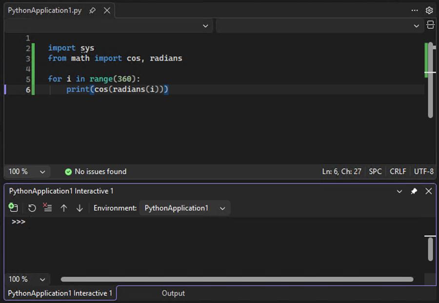 Screenshot des interaktiven Fensters für Python, das unter dem Code-Editor in Visual Studio geöffnet ist.