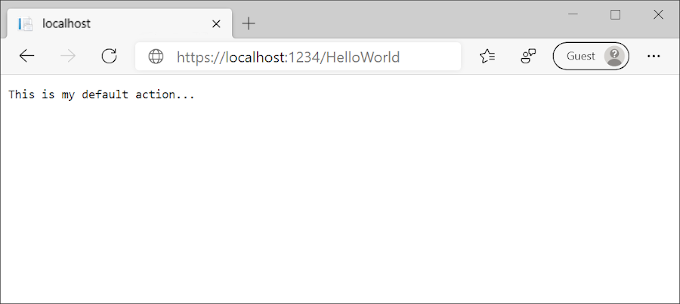 Browser window showing an app response of This is my default action.