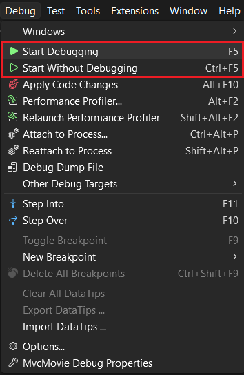 Start Debug and Start Without Debugging menus.