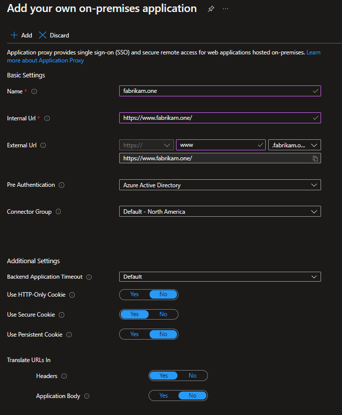 Microsoft Entra application proxy configuration showing matching internal and external URLs for port 443 access.