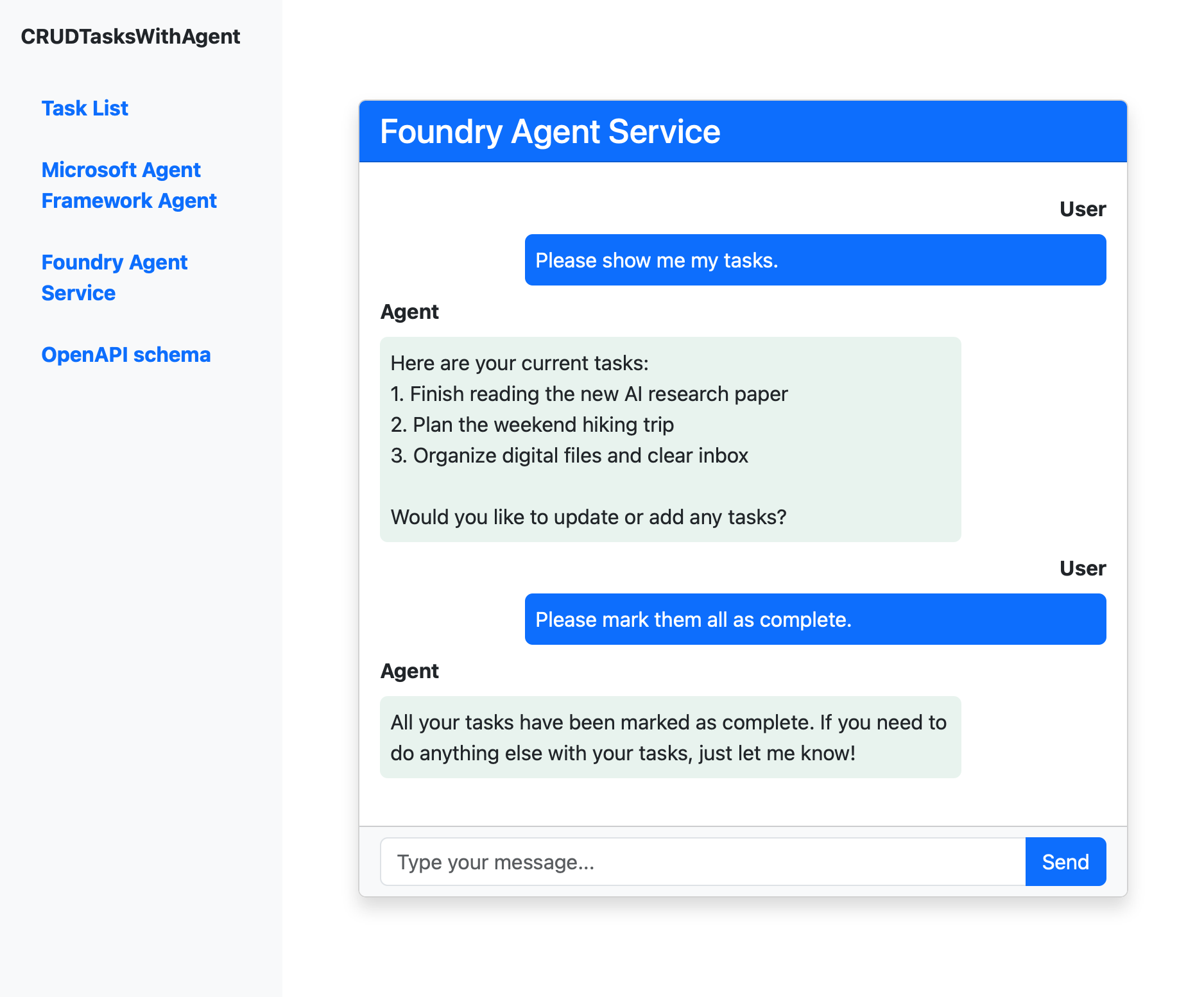 Screenshot of a chat completion session with a Foundry agent.