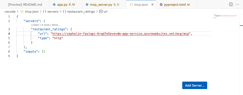 Screenshot showing how to manually start an MCP server from the local mcp.json file.
