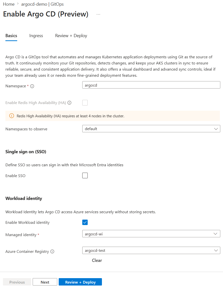 Screenshot showing the Basics tab with options to enable Argo CD on a cluster in the Azure portal.