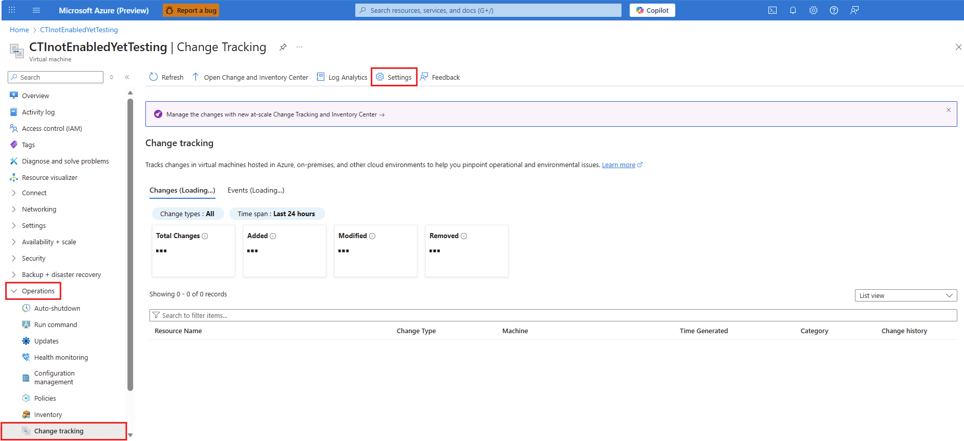 Screenshot that shows selecting Change tracking to view the changes on the VM.
