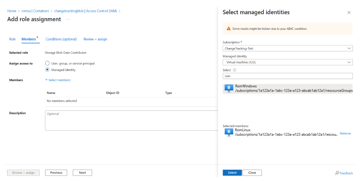 Screenshot that shows assigning the role to a VM.
