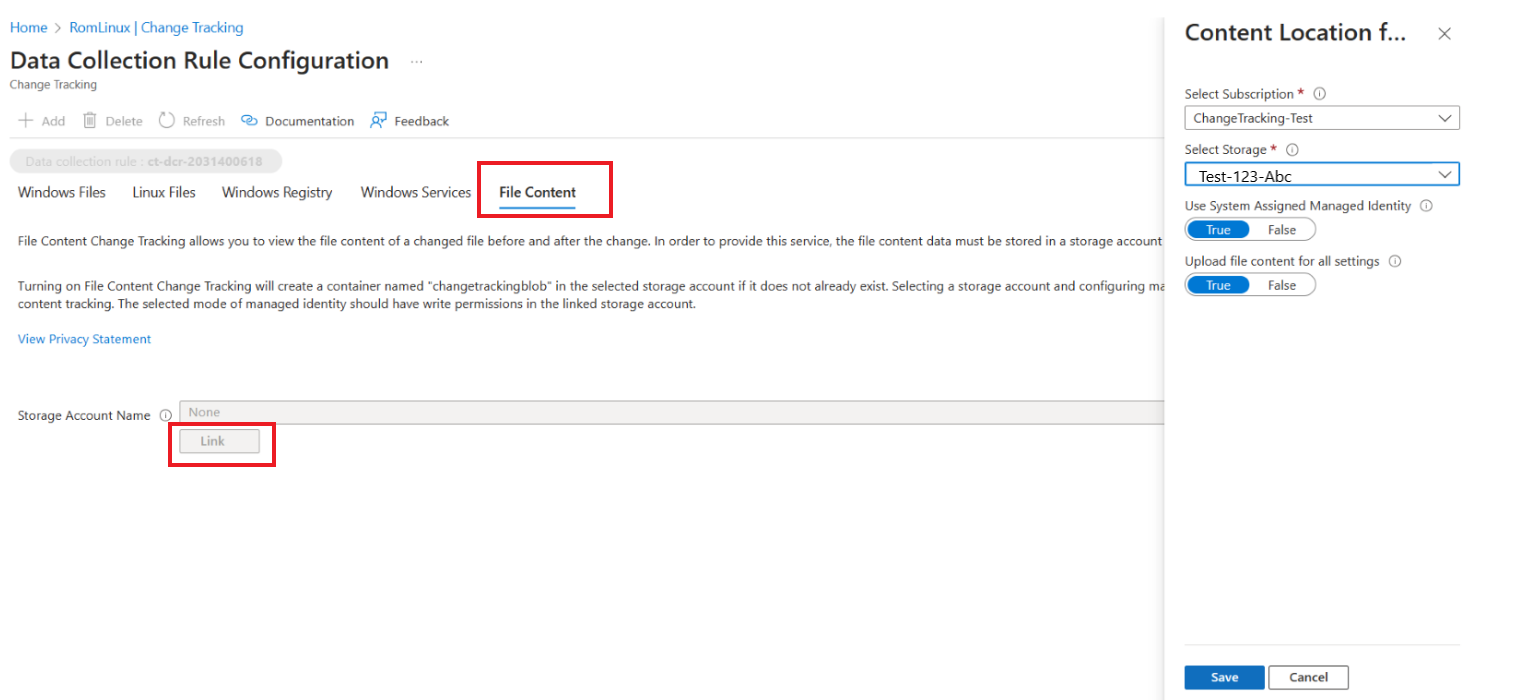 Screenshot that shows selecting the link option to connect with the storage account.