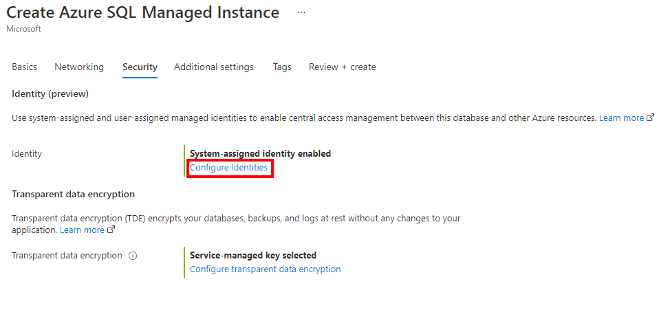 Screenshot of Azure portal security settings of the create managed instance process.