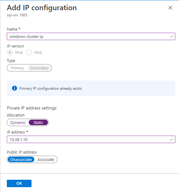 Screenshot of the Add IP configuration screen. The Name is set to windows-cluster-ip. Allocation is set to Static. The IP address is set to '10.38.1.10' and Public IP address is set to Disassociate.