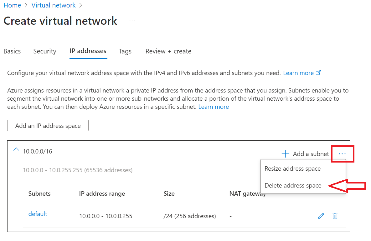 Screenshot of the Azure portal that shows selections for deleting an address space.