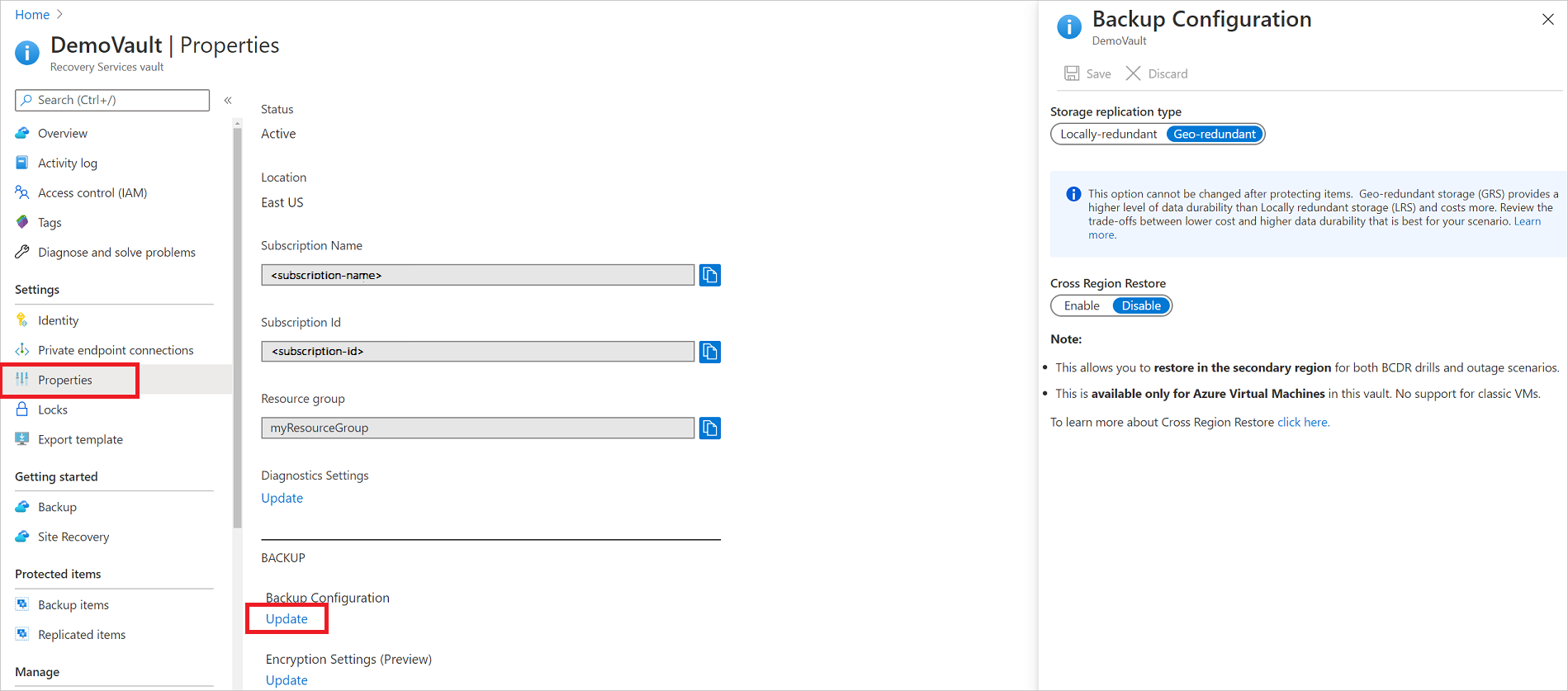 Screenshot that shows setting the storage configuration for a new vault.