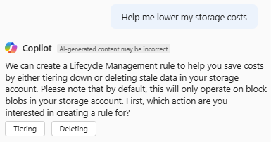 Screenshot of Azure Copilot responding to a request to lower storage costs.