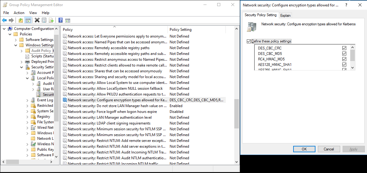 Screenshot of the "Network security: Configure encryption types allowed for Kerberos" pane