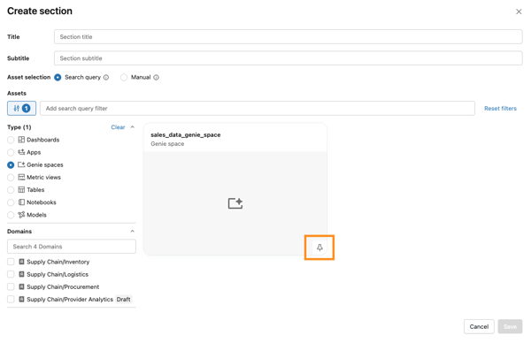 Pin button on an asset card in a search-query section