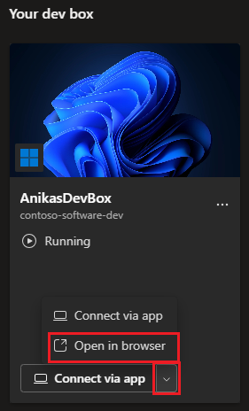 Screenshot of dev box tile that shows the option for opening in a browser.
