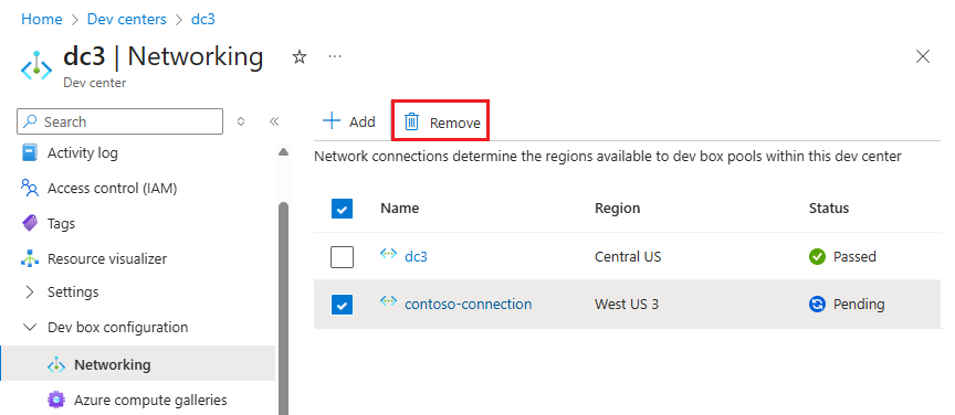 Screenshot that shows how to remove a selected network connection attached to a dev center.