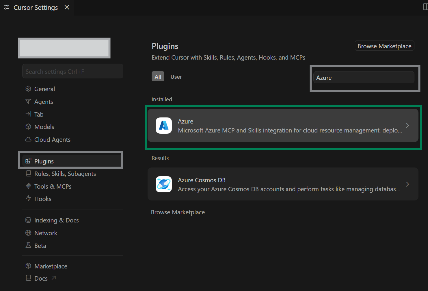 A screenshot showing the Azure plugin in the Cursor Plugins settings.