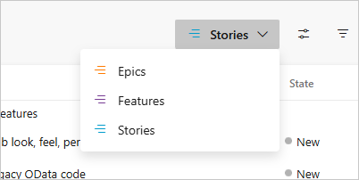 Screenshot of Backlog level selector for the Agile process.