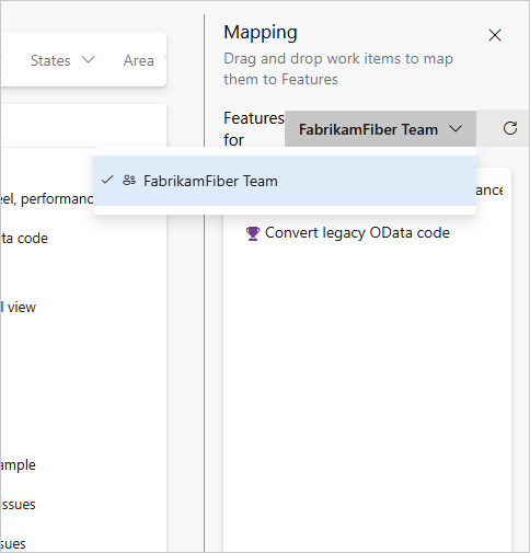 Screenshot of Team selector in Mapping pane.