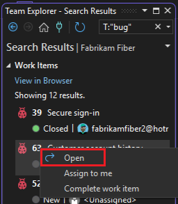 Screenshot of options for work items on the Team Explorer Work Items page.