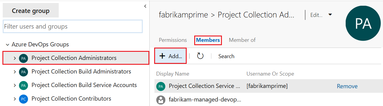 Screenshot of Project Settings, Security, Add member selections.