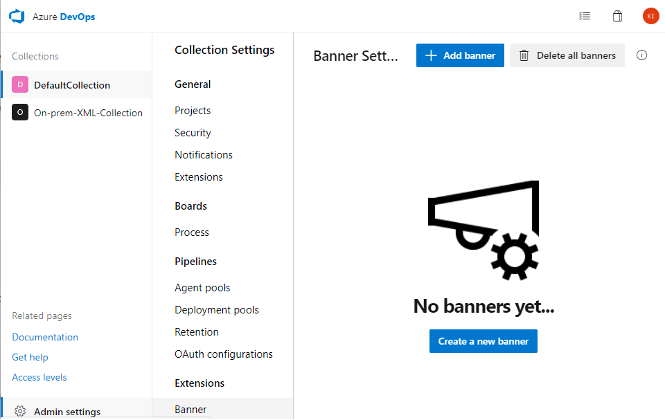 Screenshot showing Create first banner, on-premises.
