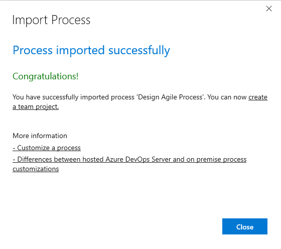 Screenshot shows Import process success confirmation dialog.