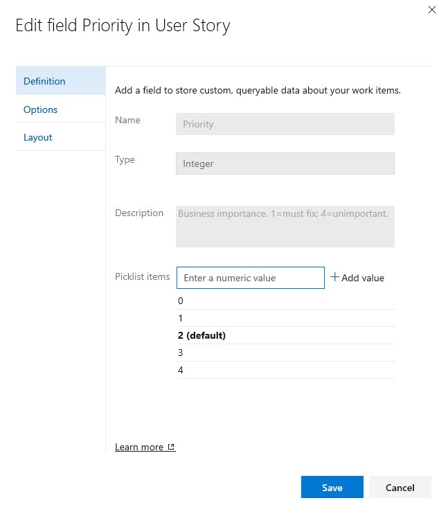 Screenshot shows Edit field Priority in User Story dialog, Definition tab.