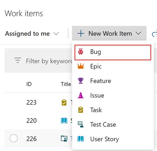 Screenshot shows New Work Item with the Bug item selected.