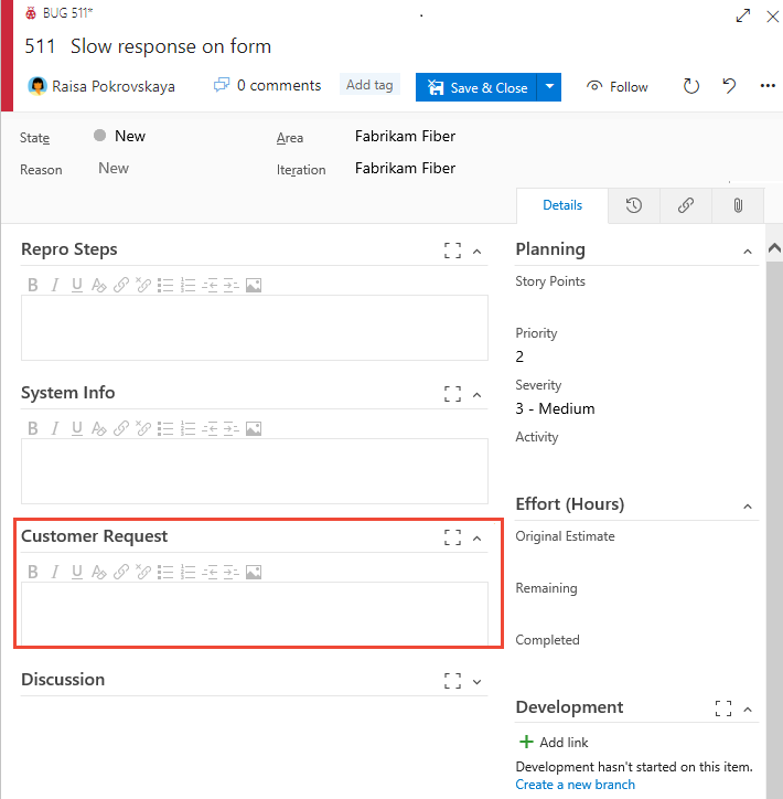 Screenshot shows Bug form, Customer request field added to first column in form.