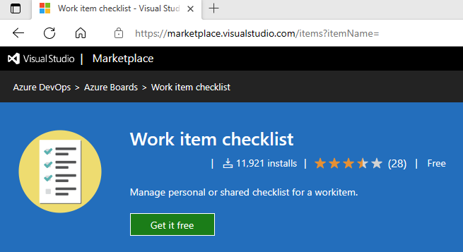 Screenshot of Marketplace extension, Work item checklist.