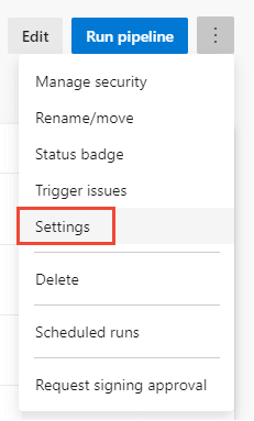 Screenshot of YAML pipeline with More actions menu open showing the Settings option.