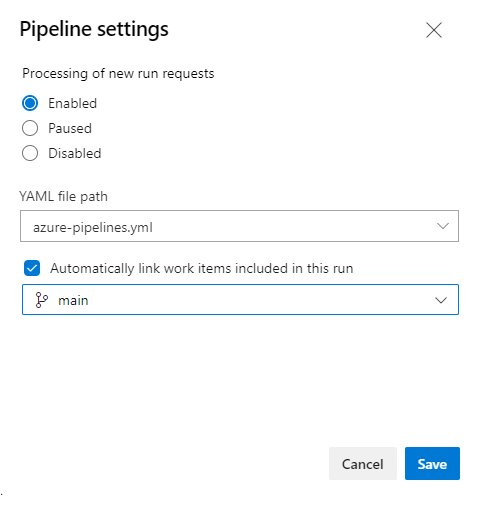 Screenshot of YAML Pipeline settings dialog with Automatically link new work items in this build option.