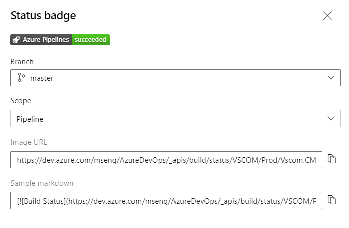 Screenshot of YAML pipeline status badge dialog showing branch and scope selection options.