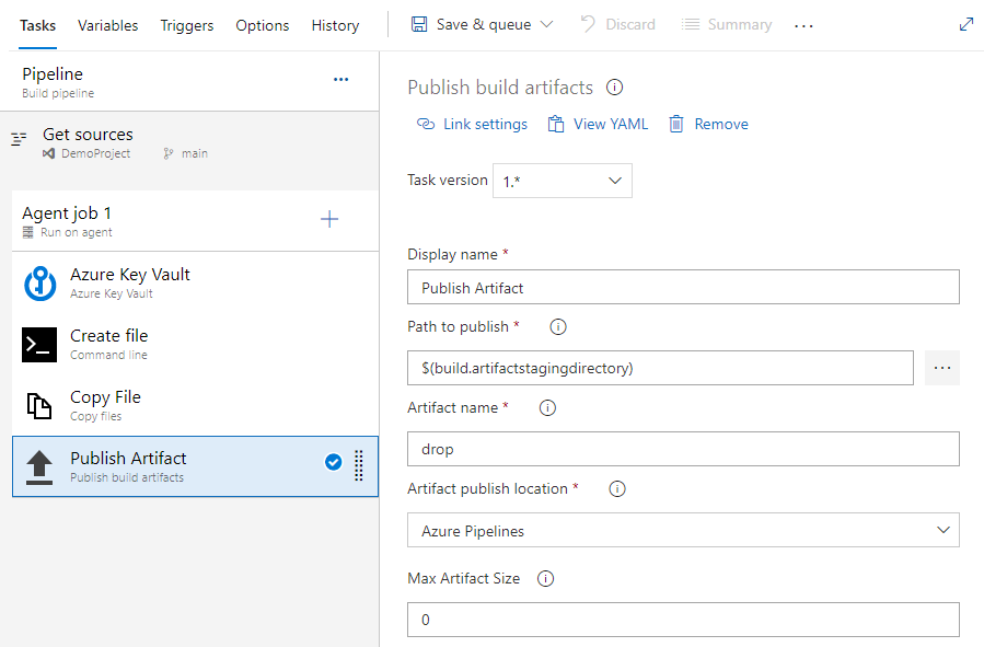 Screenshot that shows how to set up the Publish Artifact task in classic pipelines.