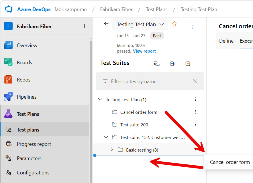 Screenshot shows using drag and drop to move a test.