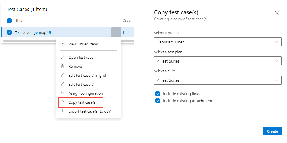 Screenshot of the Define tab showing the copy test cases menu option and dialog.