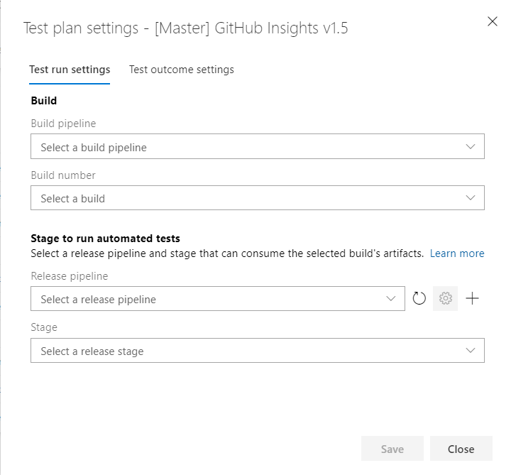 Screenshot of the test plan settings dialog.