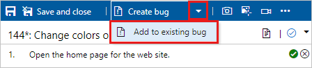 Screenshot shows Test Runner with Add to existing bug selected.