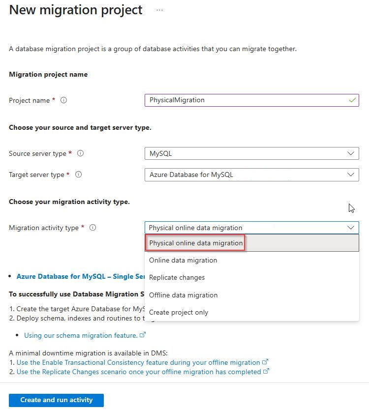 Screenshot of selecting a migration activity.