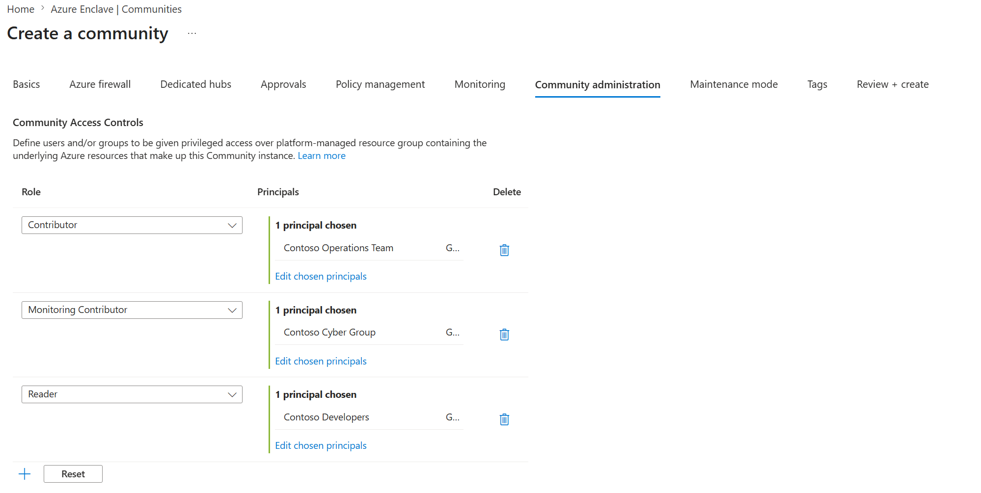 Screenshot showing Community Administration settings in Azure Enclave.