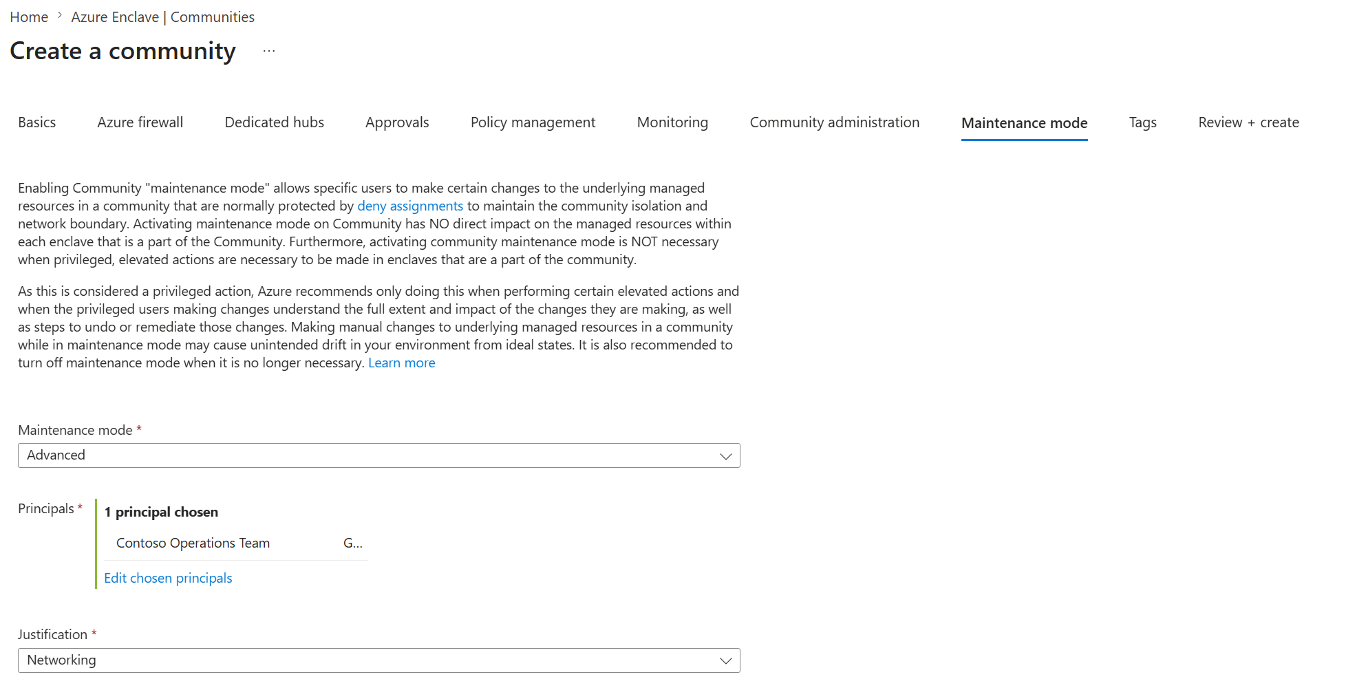 Screenshot showing Community Maintenance Mode settings in Azure Enclave.